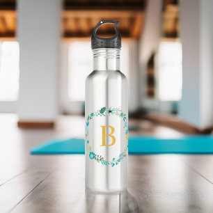 Gelb- und Aqua-Monogramm-Blumenreath Edelstahlflasche
