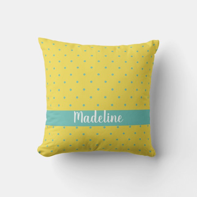 Gelb und Aqua Polka Dots Individuelle Name Kissen (Vorderseite)