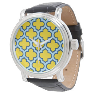 Gelb und Baby Blue Trellis, Gitter, Quatrefolie Armbanduhr