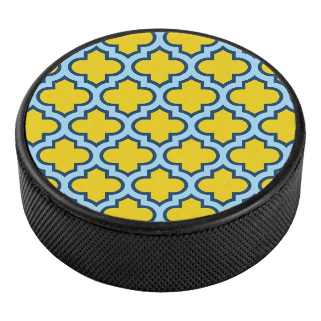 Gelb und Baby Blue Trellis, Gitter, Quatrefolie Eishockey Puck (3/4)