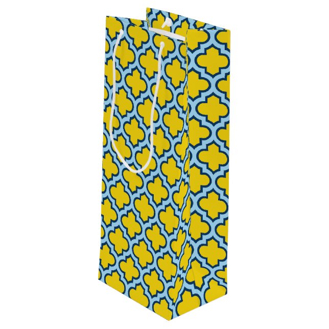 Gelb und Baby Blue Trellis, Gitter, Quatrefolie Geschenktüte Für Weinflaschen (Rückseite Schrägansicht)