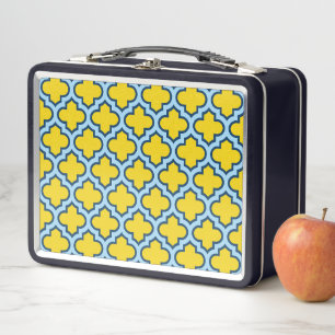 Gelb und Baby Blue Trellis, Gitter, Quatrefolie Metall Brotdose