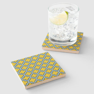 Gelb und Baby Blue Trellis, Gitter, Quatrefolie Steinuntersetzer