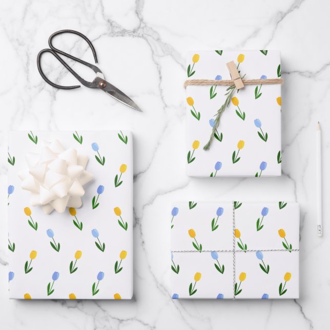 Gelb- und Blauer Tulip-Blume Geschenkpapier Set (Vorderseite)