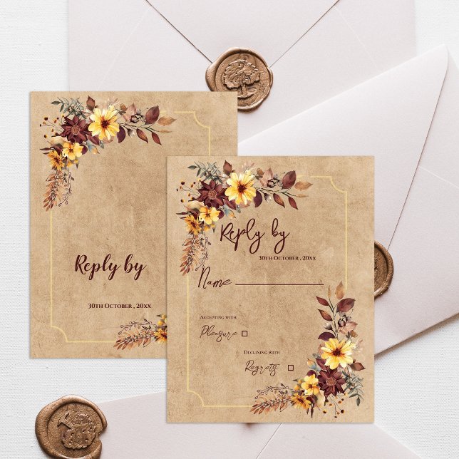 Gelb und Burgund Bläserblüte HerbstHochzeit im Her RSVP Karte (Yellow & Burgundy Floral Autumn Fall Wedding RSVP Card)