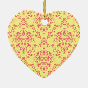 Gelb und Cranberry Rosa Damast Keramik Ornament