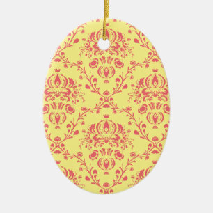 Gelb und Cranberry Rosa Damast Keramikornament