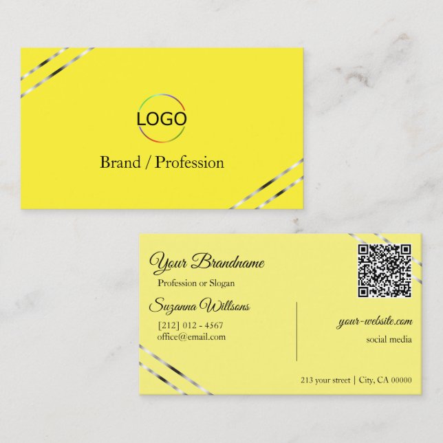 Gelb und Creme mit Silberlinien Logo QR Code Visitenkarte (Vorne/Hinten)