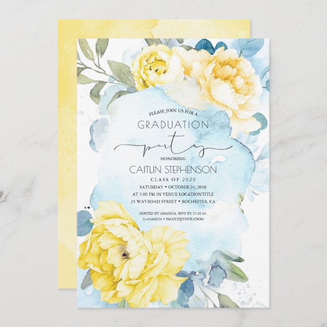 Gelb und dunkelblauer Abschluss Einladung (Vorne/Hinten)