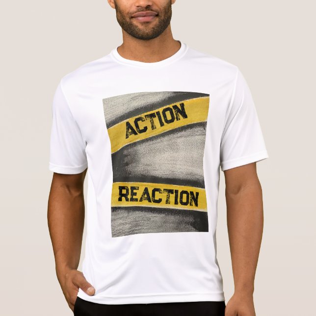 Gelb und Grafit für Männer "Aktion und Reaktion" T-Shirt (Vorderseite)