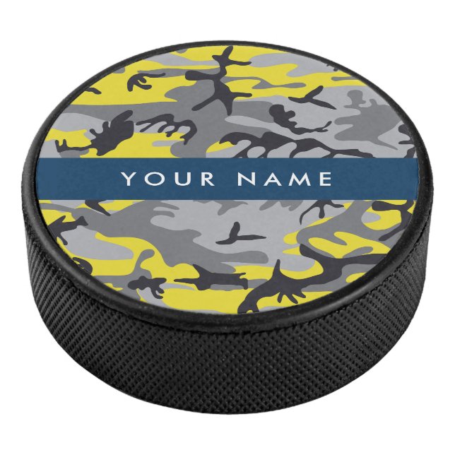 Gelb und Grau Camouflage Ihr Name personalisieren Eishockey Puck (3/4)