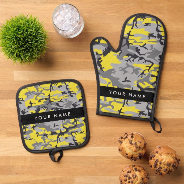 Gelb und Grau Camouflage Ihr Name personalisieren Ofenhandschuh & Topflappen-Set (Oben Unten)