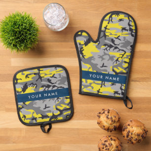 Gelb und Grau Camouflage Ihr Name personalisieren Ofenhandschuh & Topflappen-Set