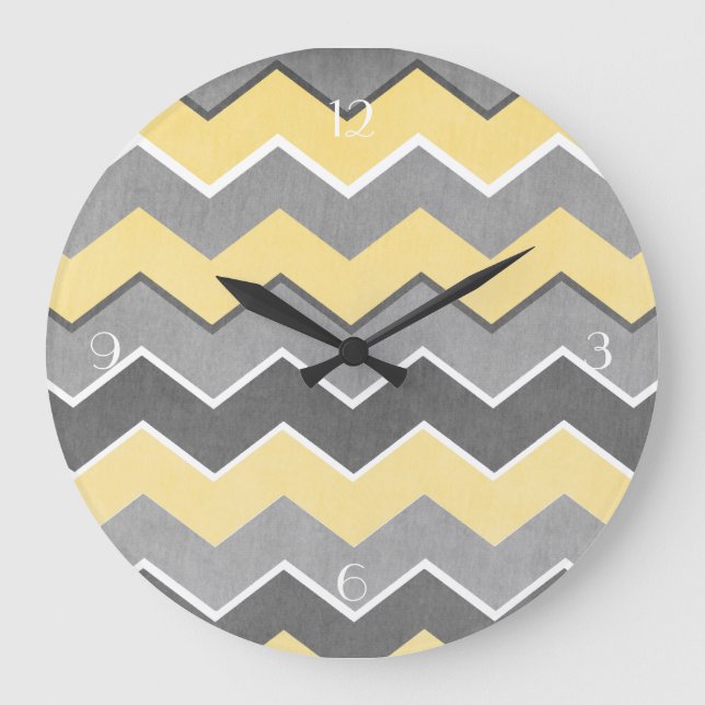 Gelb und Grau Zig Zag Muster Große Wanduhr (Vorderseite)
