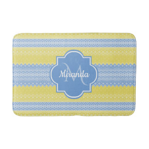 Gelb- und hellblauer Strick mit Monogramm Badematte