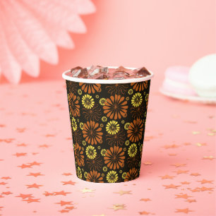Gelb und Kupfer Retro-Blumenmuster auf Braun  Pappbecher