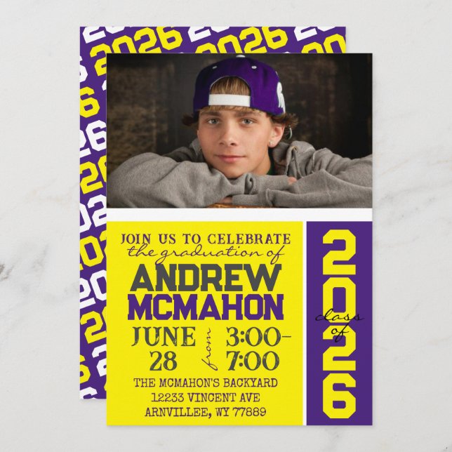 Gelb und Lila Modernes Abschluss Foto Einladung (Vorne/Hinten)