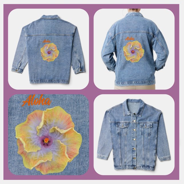 Gelb und Lilac tropischer Hibiskus Hawaiian Aloha Jeansjacke (Von Creator hochgeladen)