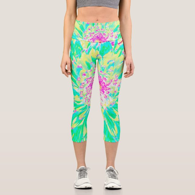 Gelb und Magenta Dekorative Dahlia Blume Capri Leggings (Vorderseite)