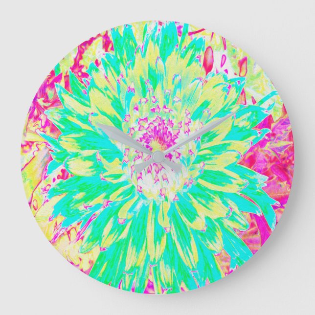 Gelb und Magenta Dekorative Dahlia Blume Große Wanduhr (Vorderseite)