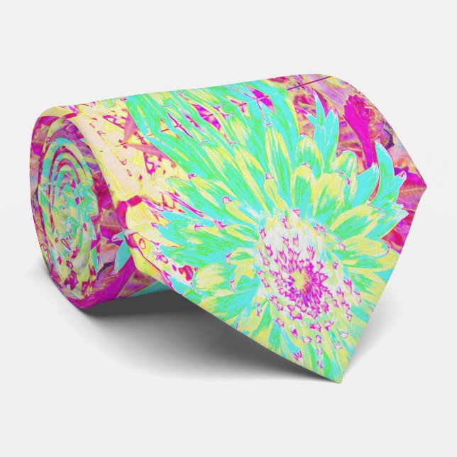 Gelb und Magenta Dekorative Dahlia Blume Krawatte (Gerollt)