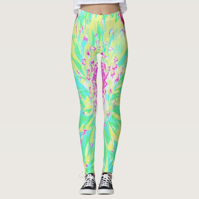 Gelb und Magenta Dekorative Dahlia Blume Leggings (Vorderseite)