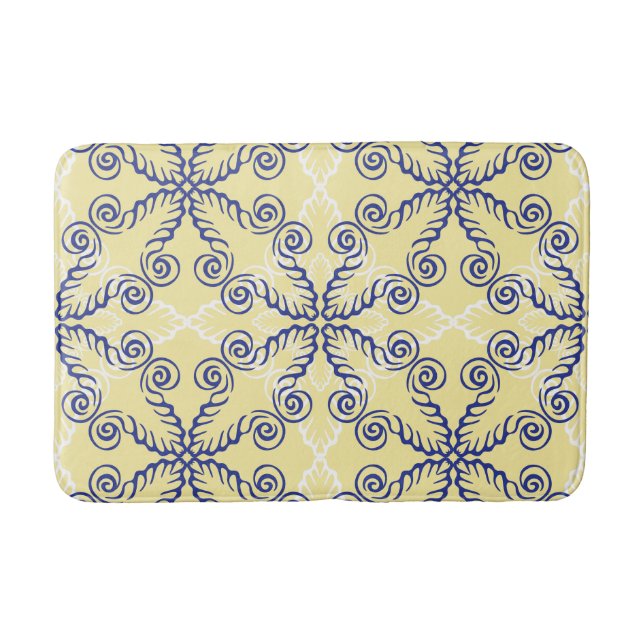 Gelb und Navy Blue Scrollwork Muster Bath Mat Badematte (Vorderseite)