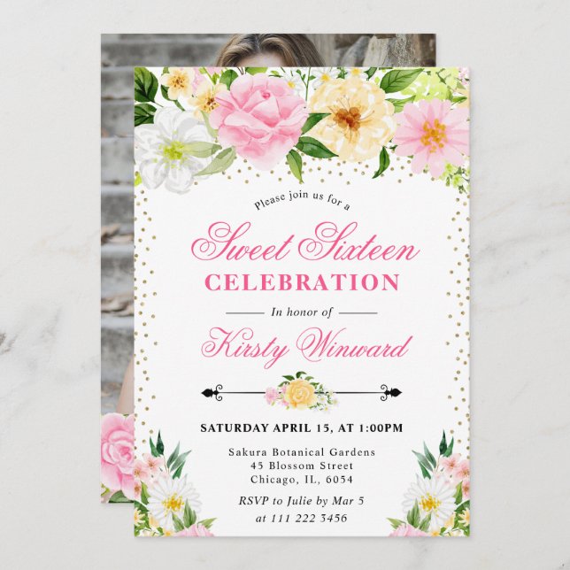 Gelb und Rosa Sommer Blume Foto Süß 16 Einladung (Vorne/Hinten)