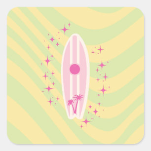 Gelb und rosa Surfboard, Beach Art, Preppy Quadratischer Aufkleber