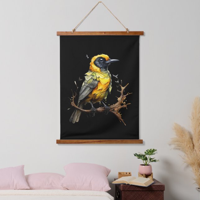 Gelb und Schwarz Abstrakt Prairie Warbler Wandteppich Mit Holzrahmen (Schlafzimmer)