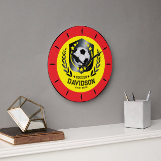 Gelb und Schwarz Benutzerdefiniertes Fußballname-G Große Wanduhr
