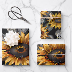 Gelb und Silberblüte mit grünem Hintergrund Geschenkpapier Set