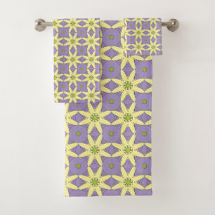Gelb und violett geometrisch floral gemustert badhandtuch set