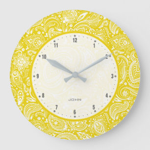 Gelb und weiß vintage Blumen Paisley Große Wanduhr