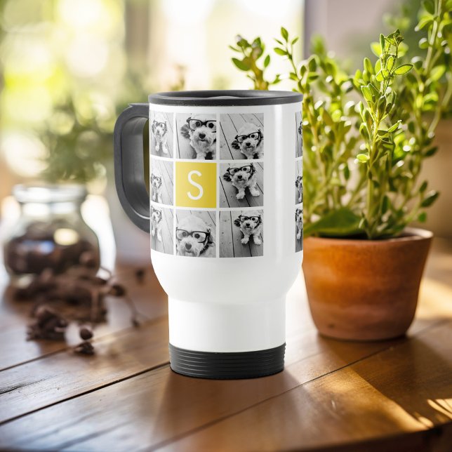 Gelb- und Weißkollage - kundenspezifisches Monogra Reisebecher (Personalized travel mug - add photos and text or customize completely)