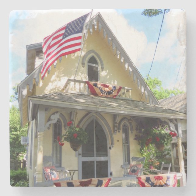 Gelb Viktorianisch mit Bunting - Martha's Vineyard Steinuntersetzer (Vorderseite)