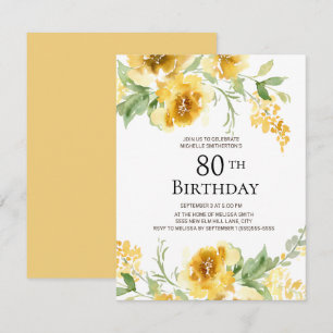 Gelb Wasserfarbe Blumen Grünzeug 80. Geburtstag Einladung
