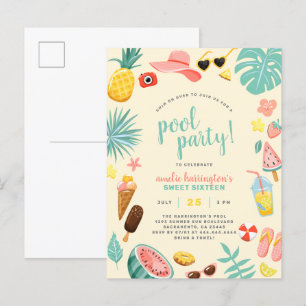 Gelb Wassermelone Ananas Tropical Pool Party Einladungspostkarte