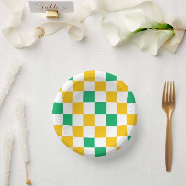 Gelb Weiß Grün Kariertes Design  Pappteller (Hochzeit)
