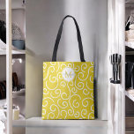 Gelb-Weiß-Muster mit Monogramm<br><div class="desc">Ein fröhliches,  knalliges,  gelb-weißes,  kurviges Doodle-Muster bedeckt diese stilvolle Tasche mit leuchtend farbenfrohen Stilelementen. Ein runder Rahmen im oberen Teil des Designs hat eine Textvorlage,  die mit dem Initial und Namen des Monogramms personalisiert werden kann.</div>