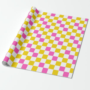 Gelb Weiß Rosa Kariertes Design Geschenkpapier
