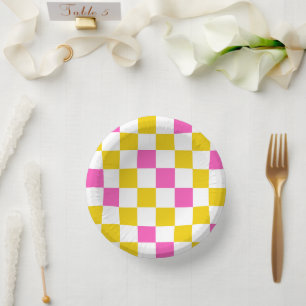 Gelb Weiß Rosa Kariertes Design  Pappteller
