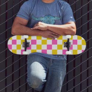 Gelb Weiß Rosa Kariertes Design Skateboard