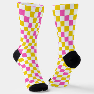 Gelb Weiß Rosa Kariertes Design Socken