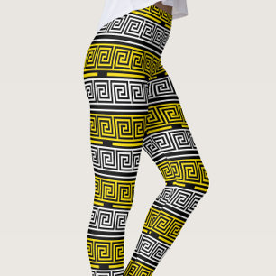 Gelb Weiß Schwarz Griechisches Schlüssel-Frett-Mus Leggings