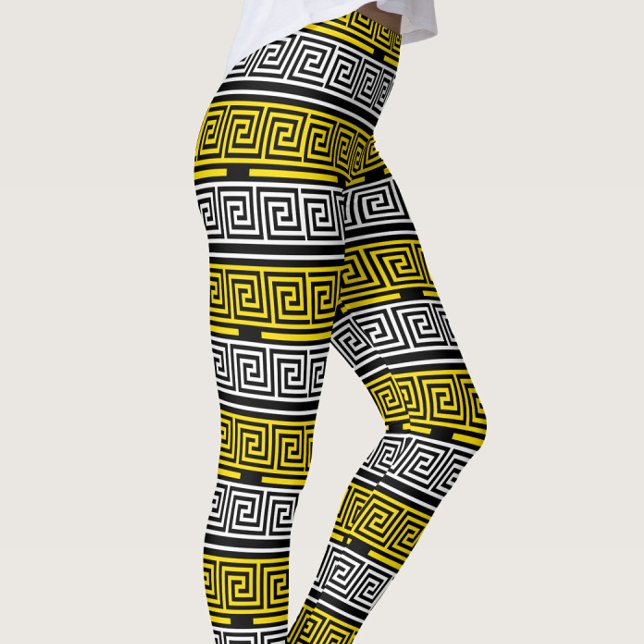 Gelb Weiß Schwarz Griechisches Schlüssel-Frett-Mus Leggings (Von Creator hochgeladen)