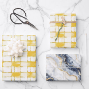 Gelb Weiße Karierte Streifen Blau Weiße Geburtstag Geschenkpapier Set