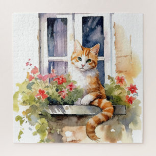 Gelb Weiße Katze Fenster Blumenkasten Malerei Puzzle