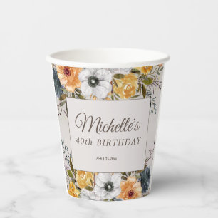 Gelbblaue Blumen Glitter 40. Geburtstag Name Pappbecher