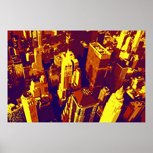 Gelbblauer Retro Pop Art NYC Roofs Poster (Vorne)
